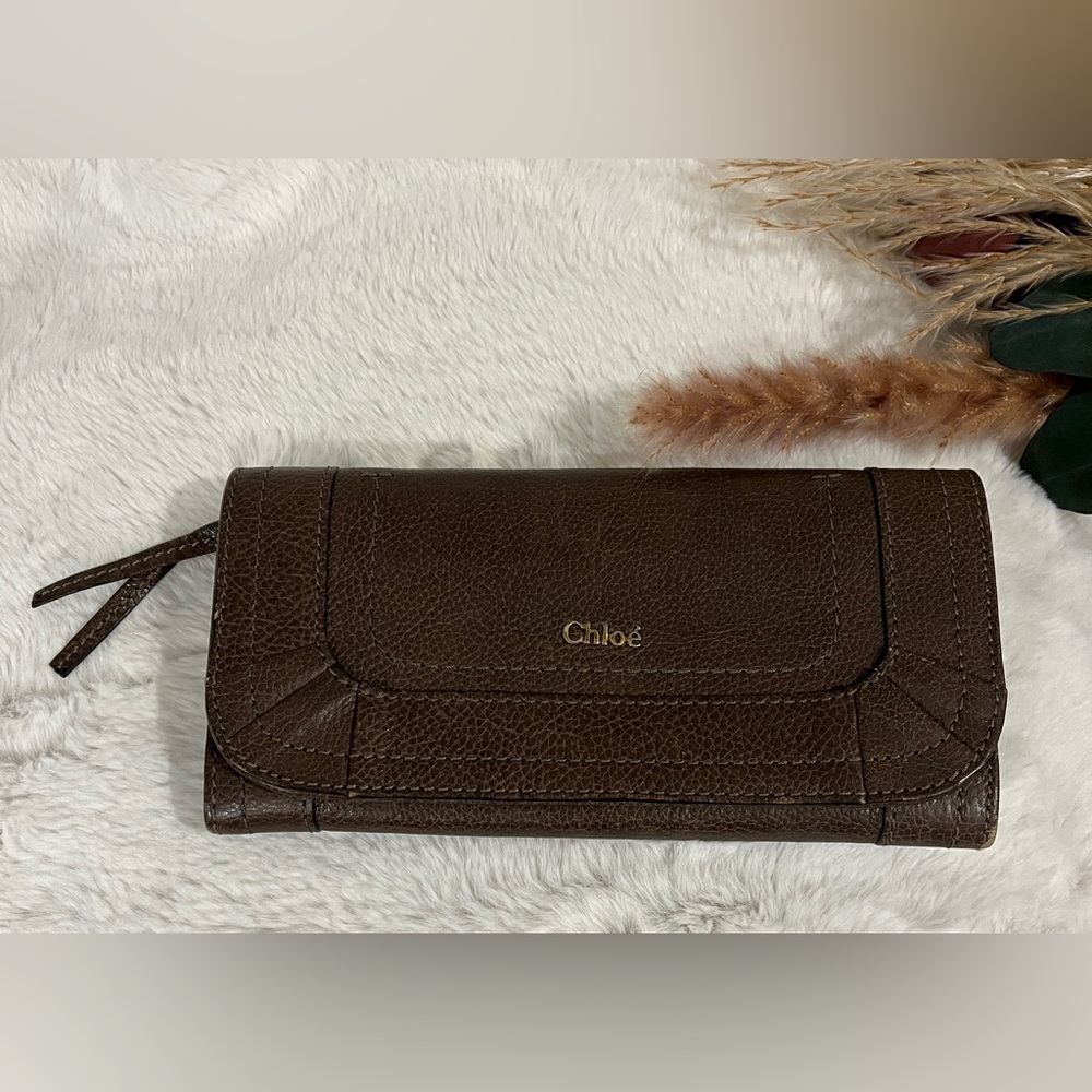 Chloe Brown Textured Leather Wallet Flap-Over with Authentication Card